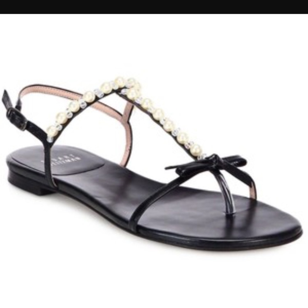 Stuart Weitzman Pearl bow black sandals 8 8w wide